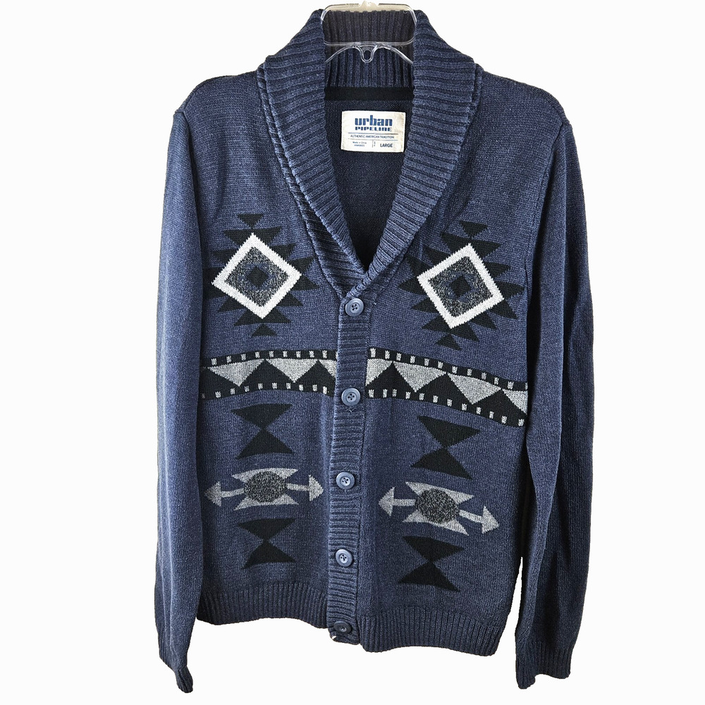 Urban Pipeline Cardigan men Size Large blue Aztec Southwest Shawl collar sweater
